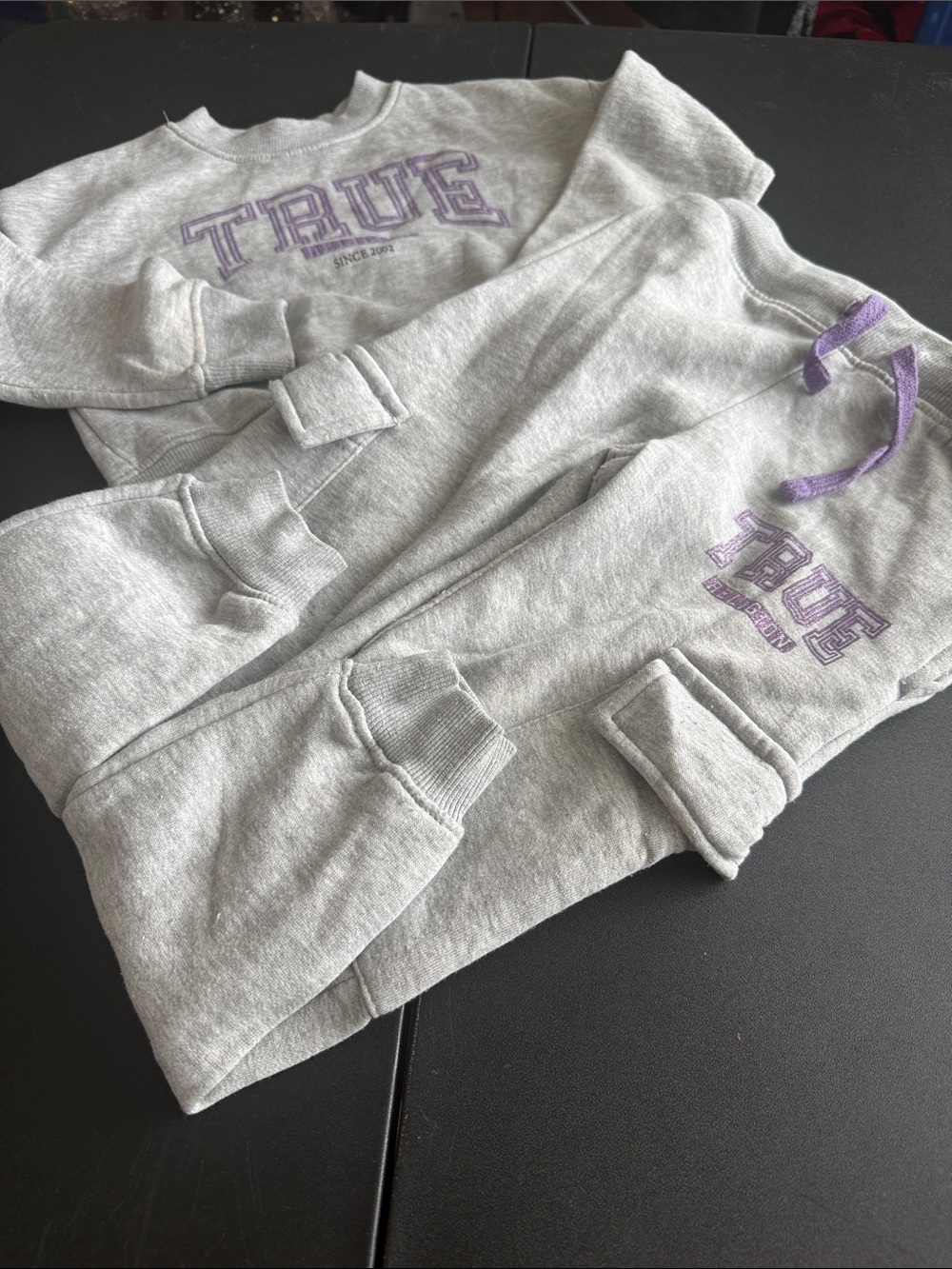 True Religion Kids Gray Sweatshirt and Sweatpants Set with Purple Logo